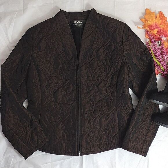 Dana Buchman Vntg Dark Brown Fitted Embroidered Puffer Zip Up Jacket 10P - Picture 10 of 17
